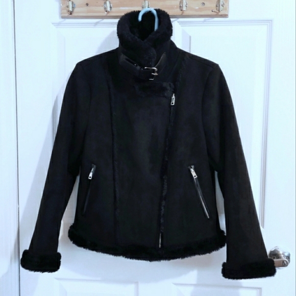 Faux Suede Fur Lined Moto High Collar Jacket - Picture 2 of 4